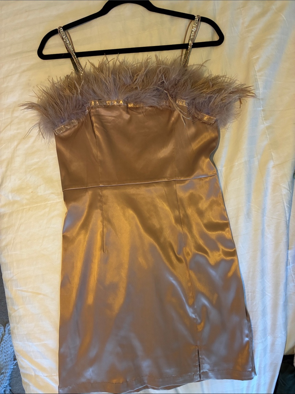 Gorgeous Rose Gold Satin Feather-Trim Mini Dress With Rhinestone Straps- NWT